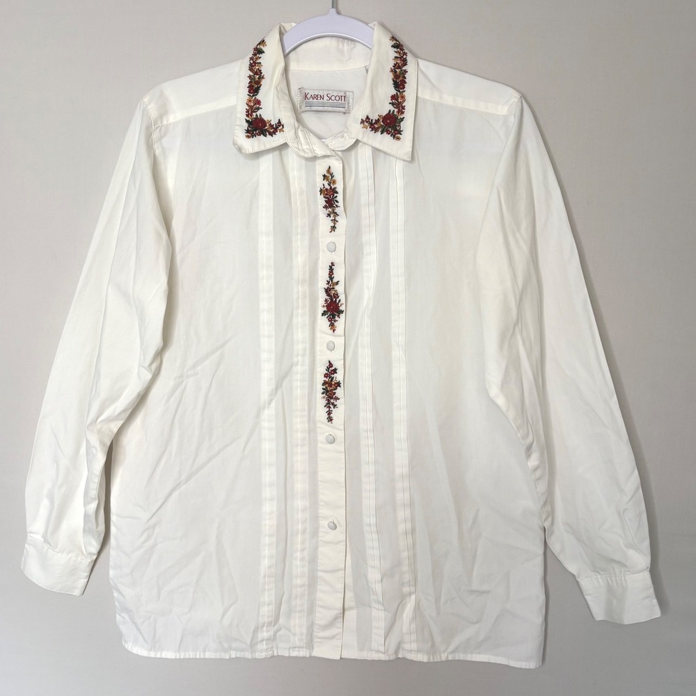 Vtg Karen Scott White Embroidered Blouse 6 Cottagecore Floral Pleated Shirt